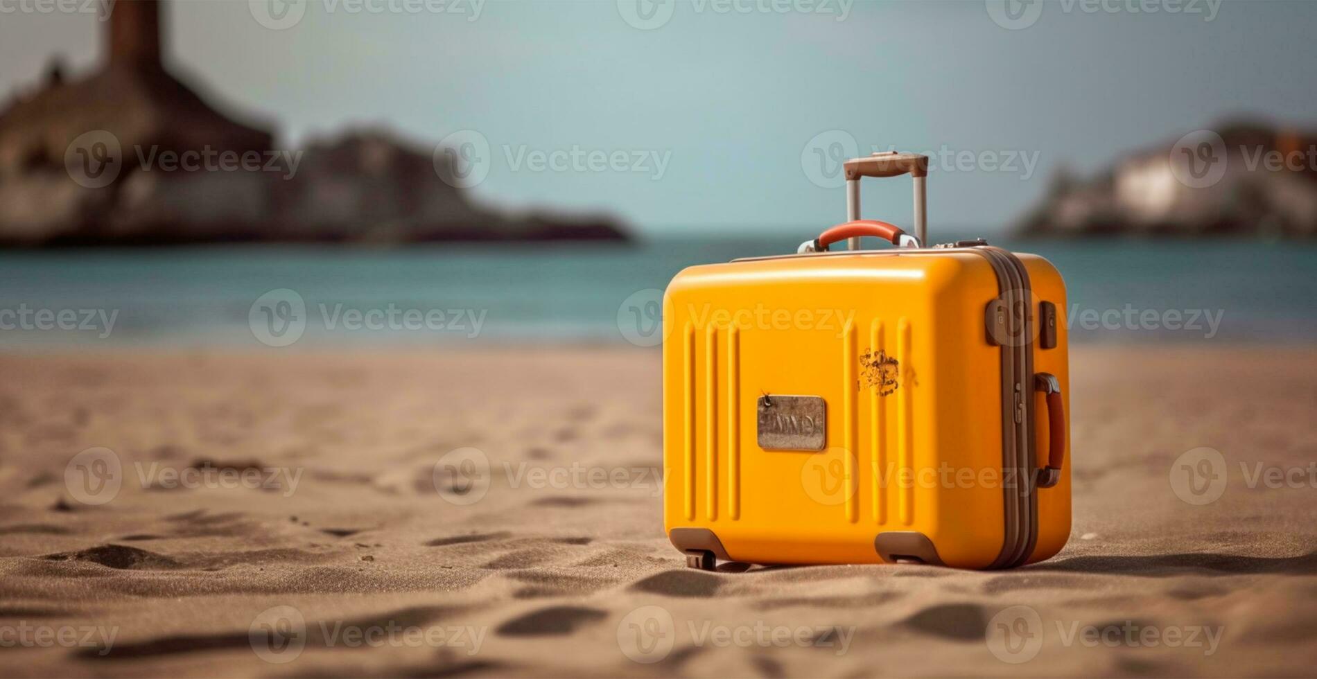 sommar resa och turism, gul resväska på en skön sandig strand. semester resa - ai genererad bild foto