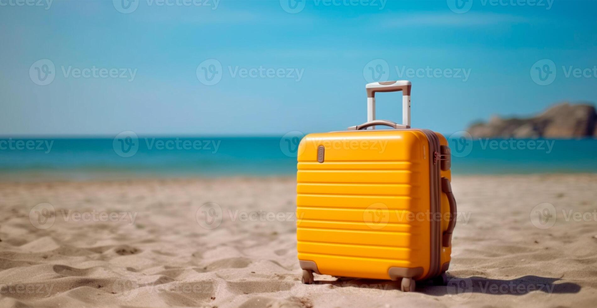 sommar resa och turism, gul resväska på en skön sandig strand. semester resa - ai genererad bild foto