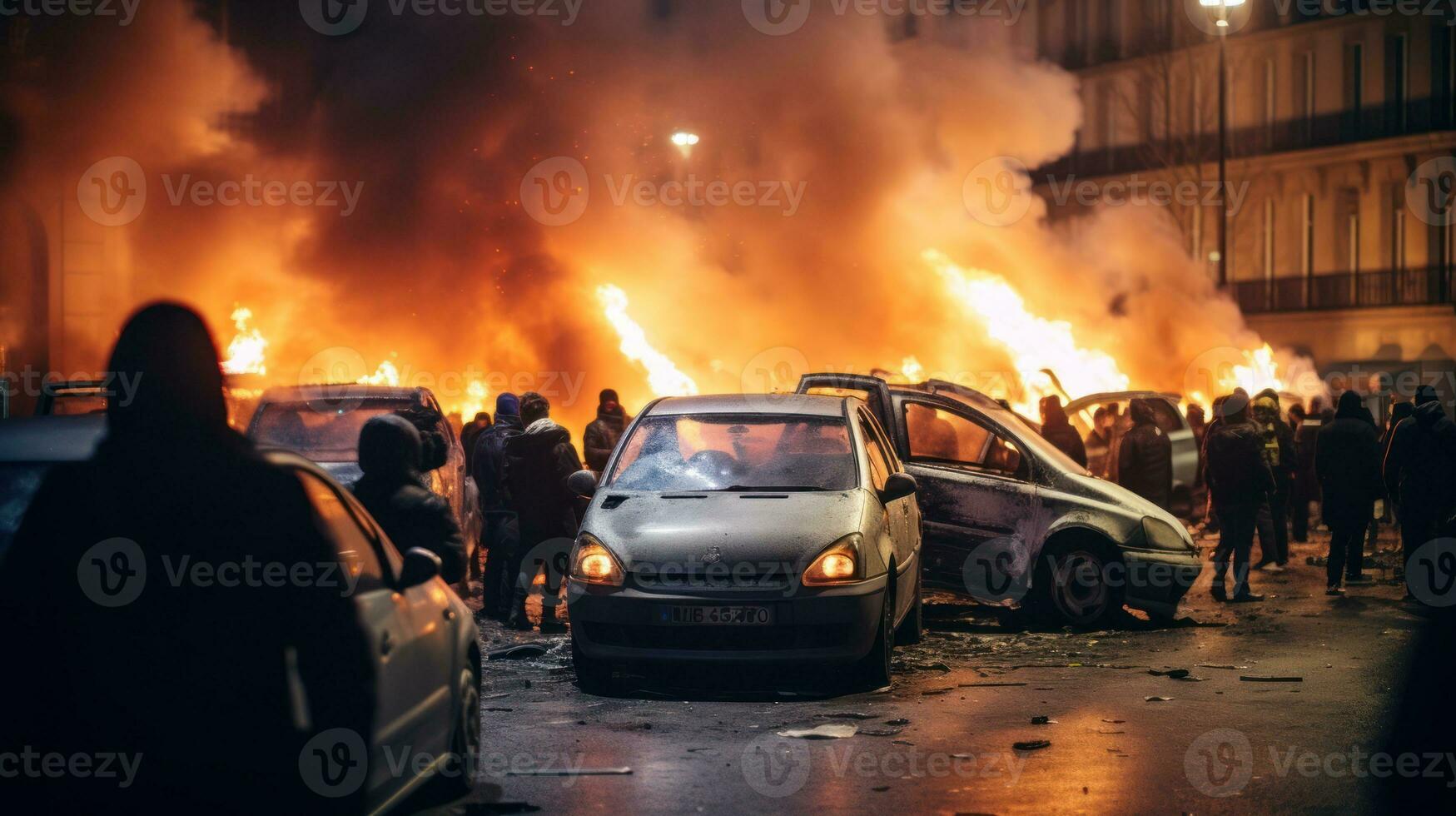 kravaller, demonstranter bränna bilar. illustration ai generativ foto