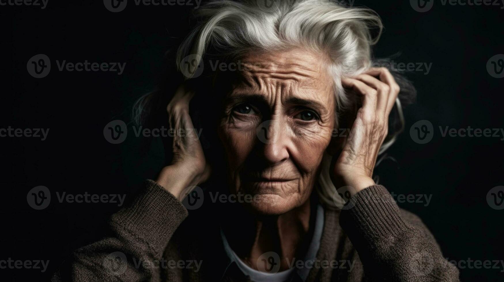 porträtt av ett äldre kvinna på en svart bakgrund med alzheimers tyvärr tittar. generativ ai. foto