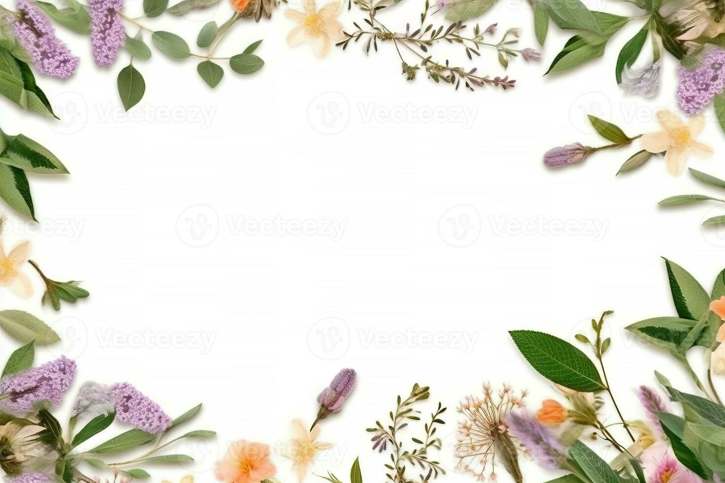 ram med blommor, grenar, löv och kronblad isolerat pastell bakgrund platt lägga. fri kopia Plats. generativ ai. foto
