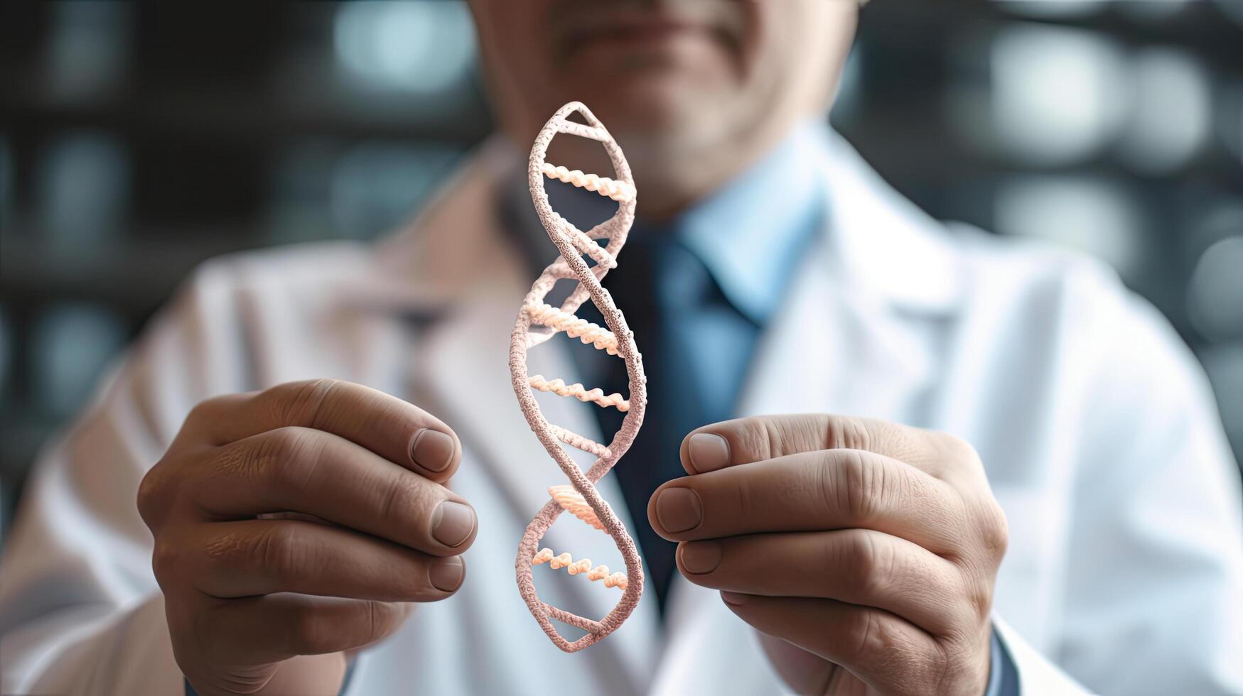 läkare håll mänsklig dna molekyl strukturera. generativ ai. foto