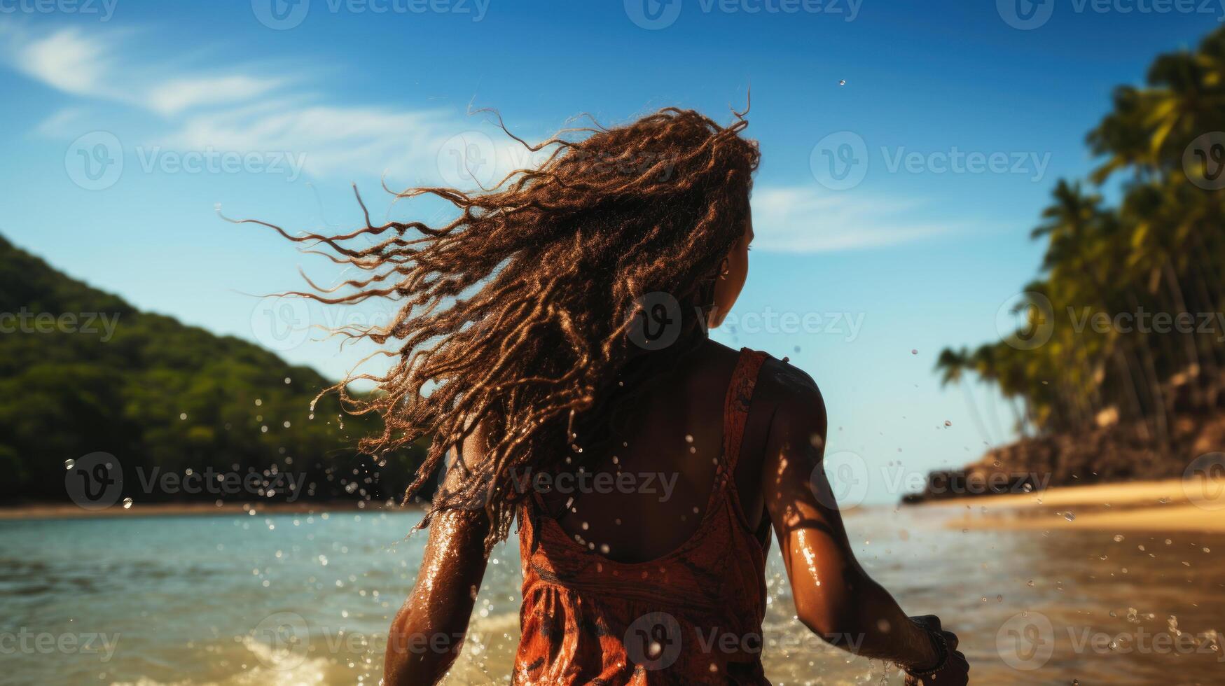 ung kvinna med våt hår löpning på de strand på solnedgång. semester begrepp. generativ ai. foto