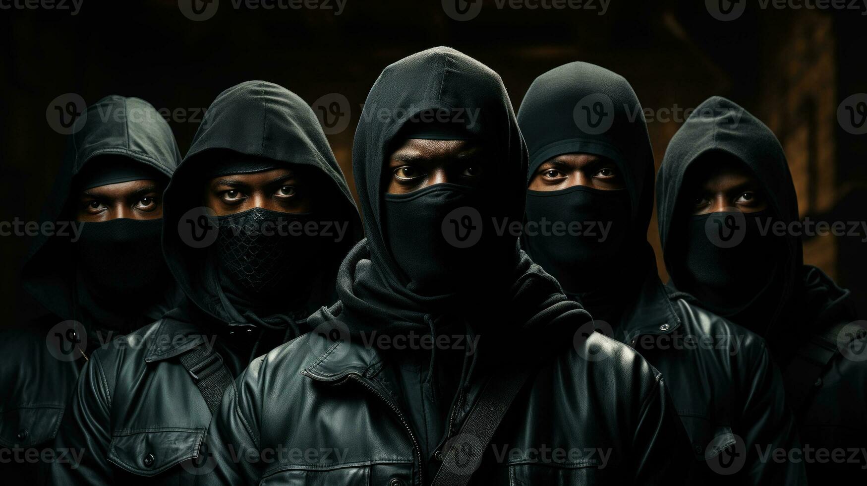 grupp av svart maffia människor gäng medlemmar bär Balaklava och ser på kamera. generativ ai. foto
