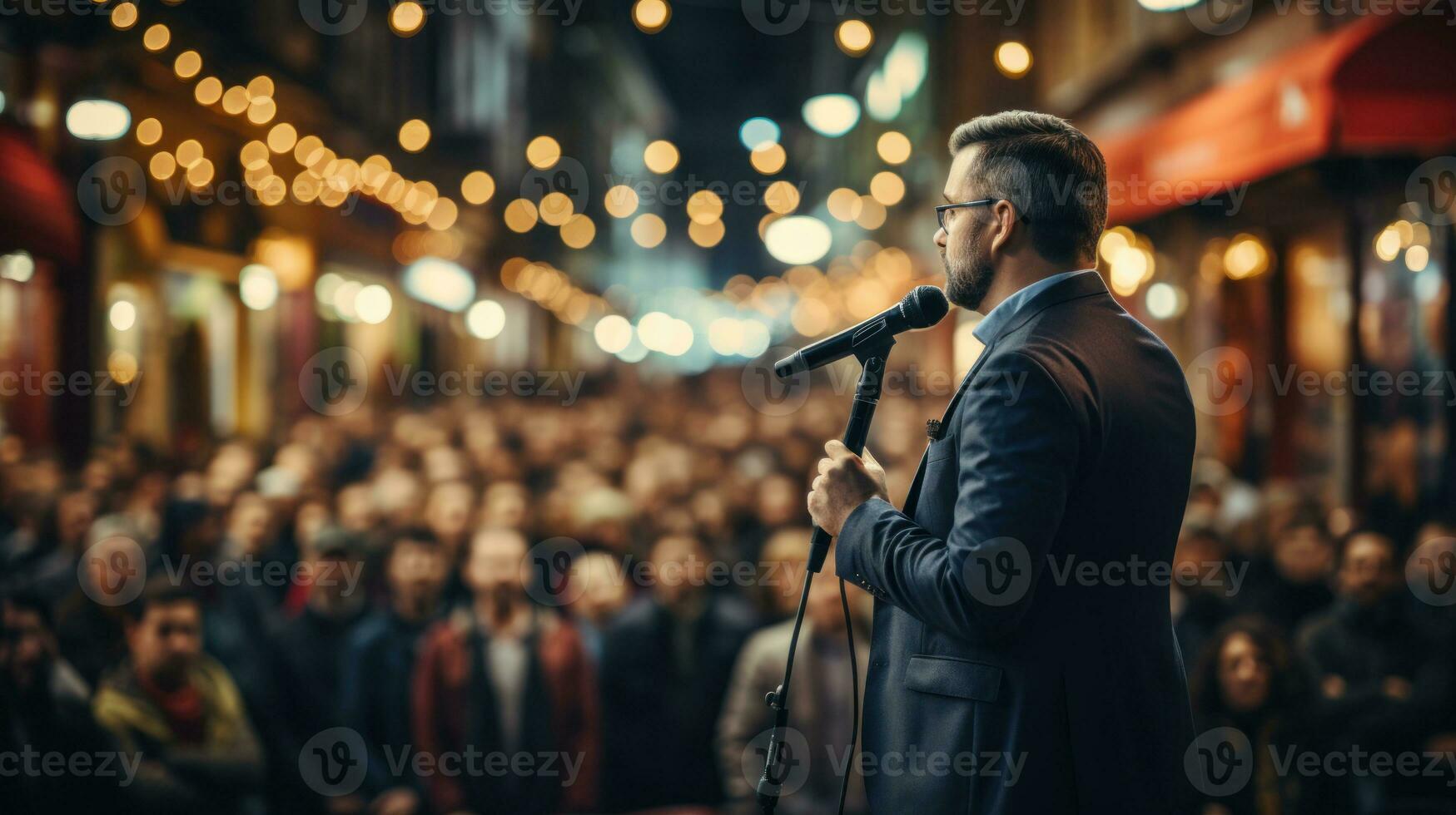 bak- se av en politiker tala in i en mikrofon medan stående i främre av en folkmassan av människor. generativ ai. foto