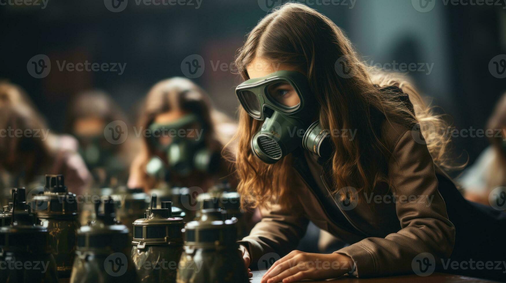 flicka i gas mask Sammanträde på tabell i skola klass lära sig överlevnad lektioner. generativ ai. foto