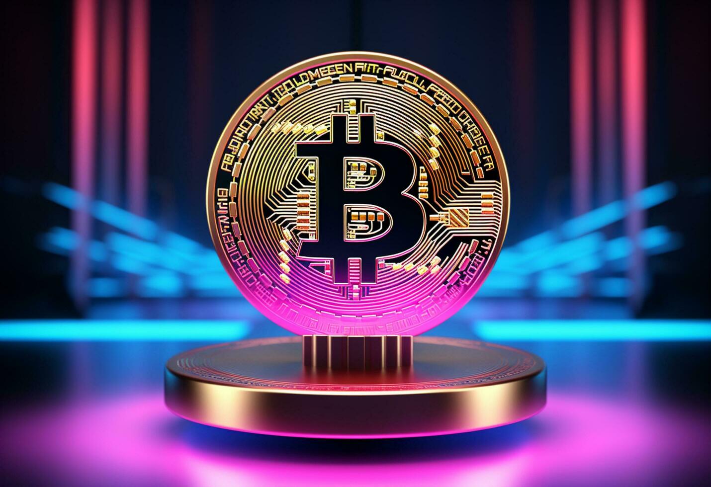 stor gyllene bitcoin mynt stå på neon rosa och blå företag digital bakgrund med kopia Plats foto