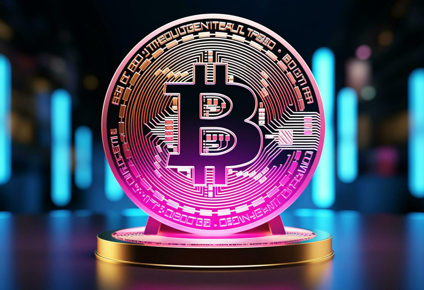 stor gyllene bitcoin mynt stå på neon rosa och blå företag digital bakgrund med kopia Plats foto