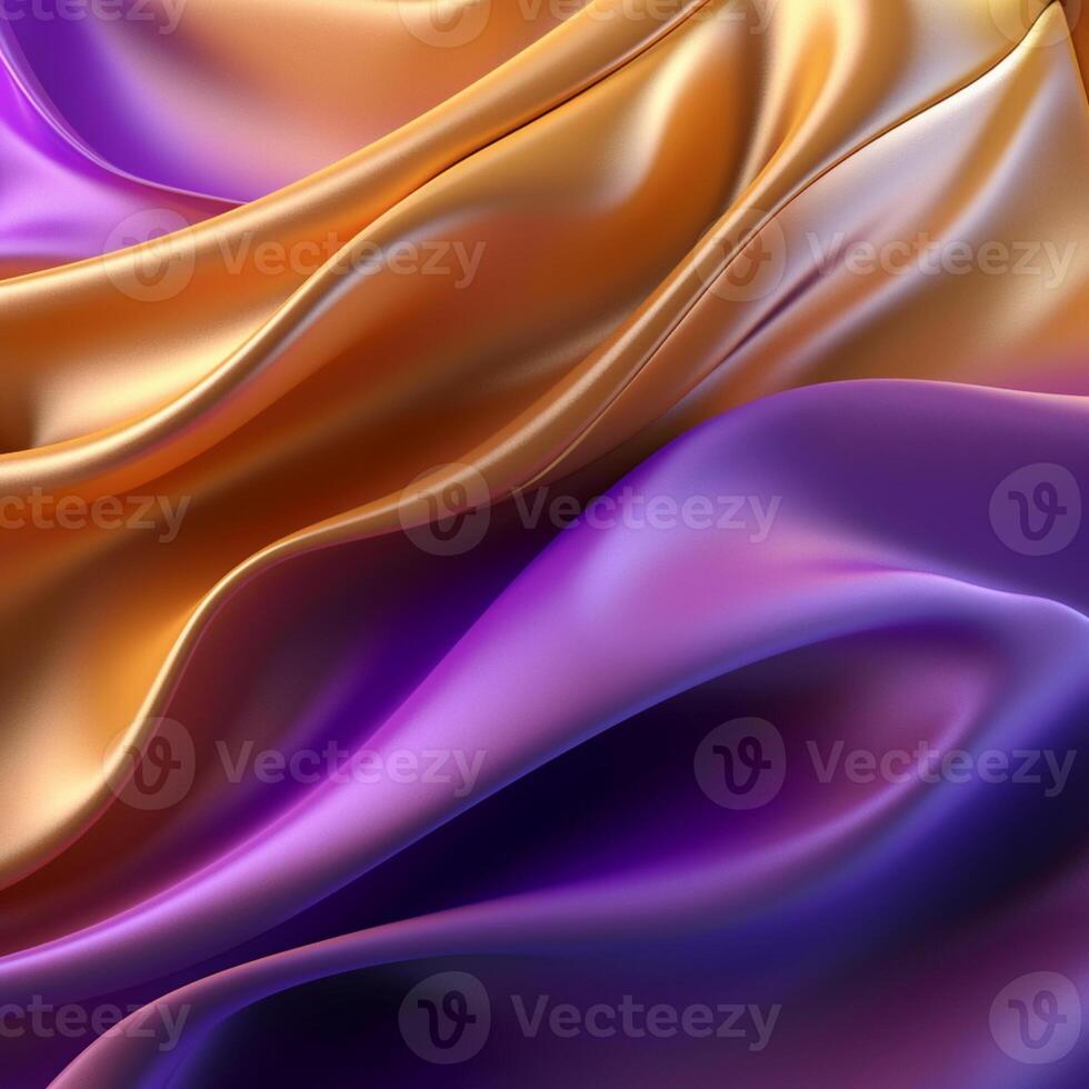 abstrakt bakgrund med 3d Vinka ljus guld och lila lutning silke tyg, ultra realistisk, generativ ai foto