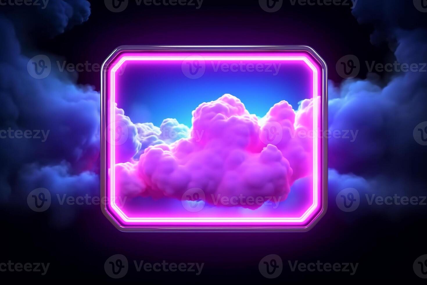 trogen bakgrund design. moln bildning med rosa och blå, rektangel formad neon ram. generativ ai foto