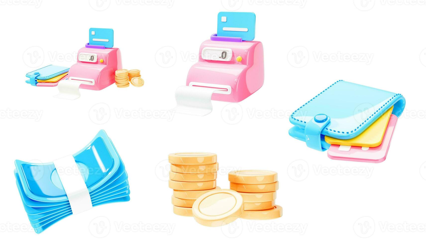 uppsättning av 3d finansiera ikon betalning terminal med kreditera kort, plånbok, mynt och kontanter på isolerat vit bakgrund. 3d framställa illustration foto