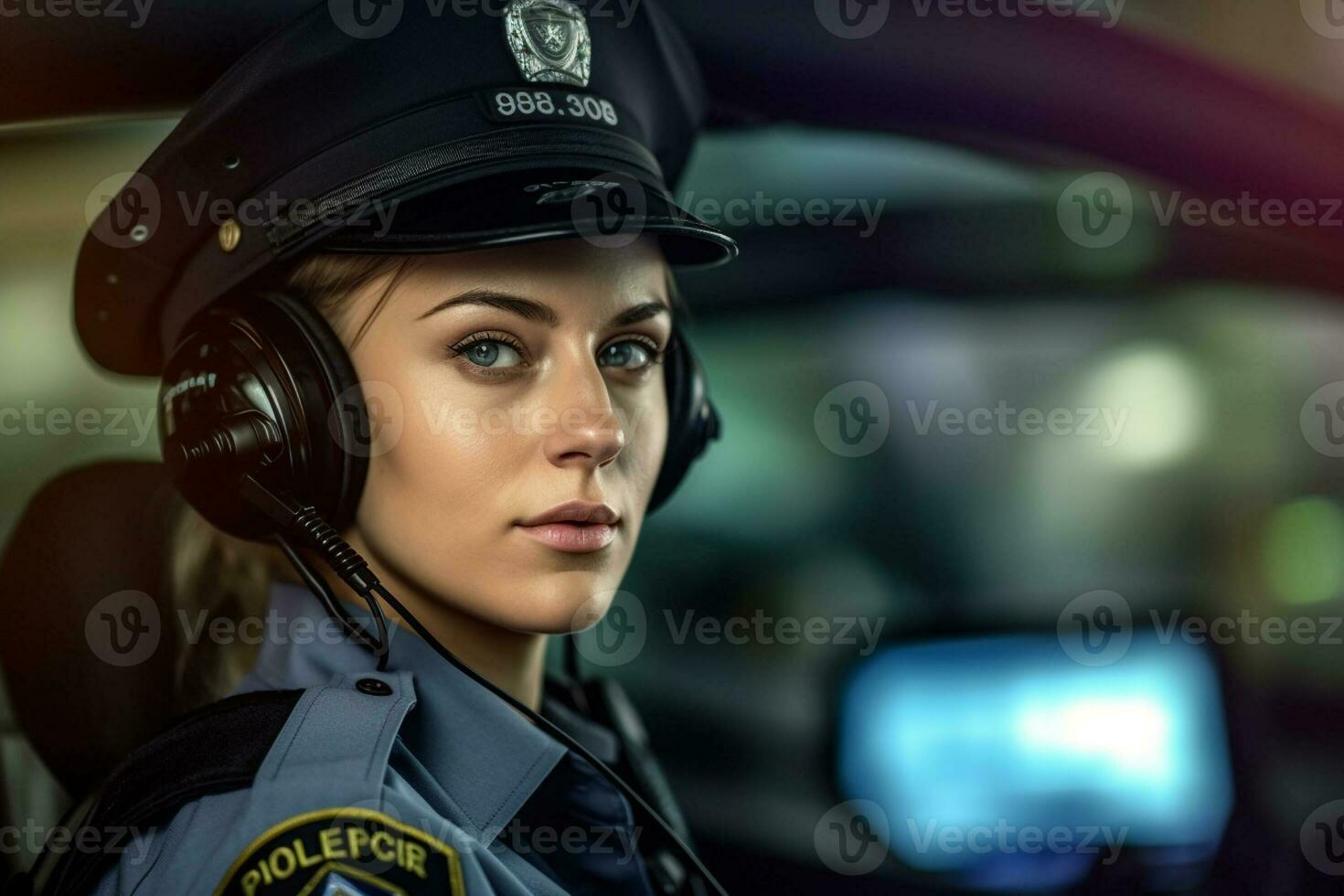 kvinna polis officer tala på de radio med polis bil Bakom henne med generativ ai foto