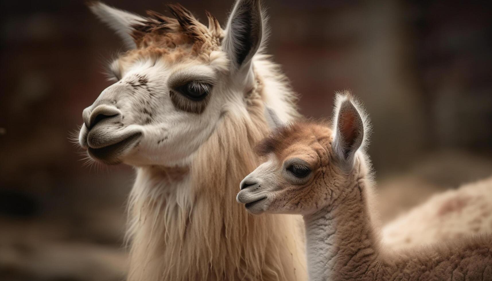 söt alpacka porträtt, fluffig päls, ser på kamera genererad förbi ai foto