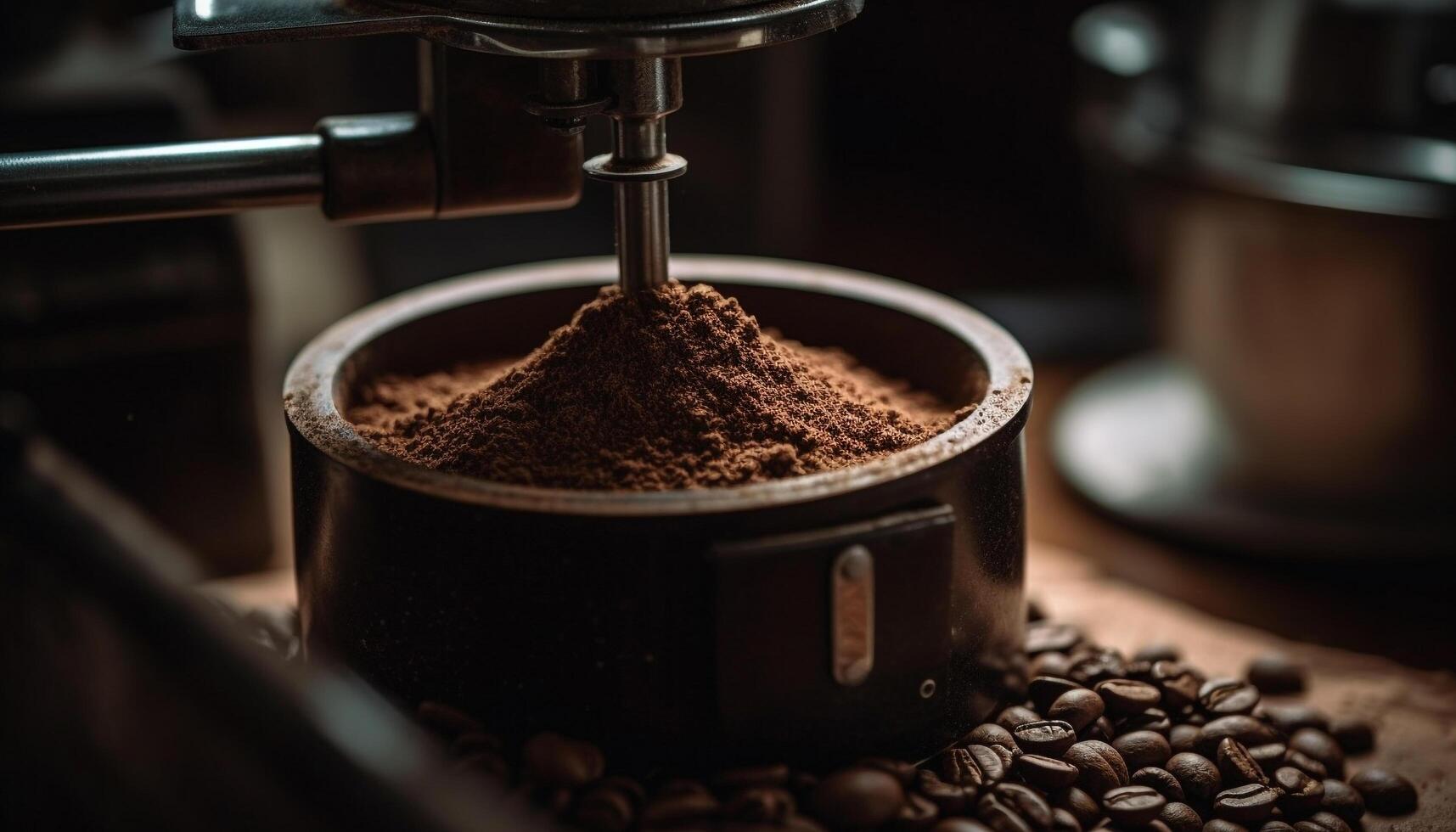 Barista maler färsk bönor för doftande cappuccino genererad förbi ai foto