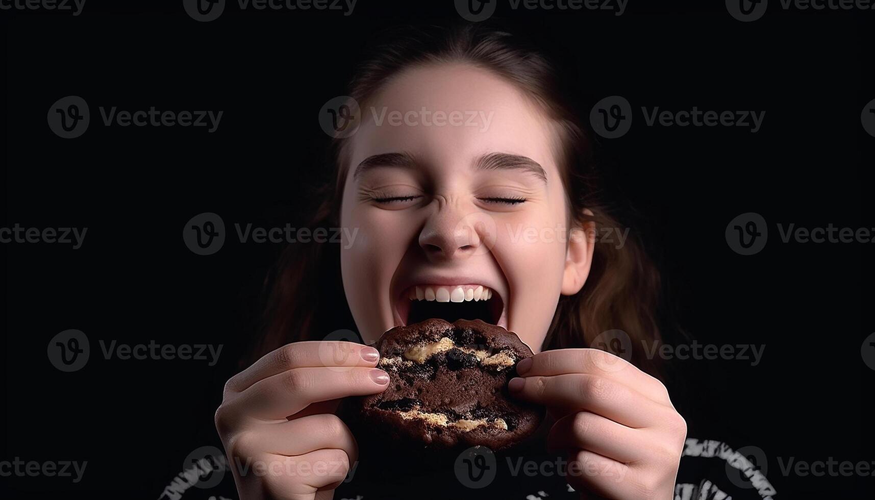 söt caucasian flicka ägnar sig åt i ljuv choklad kaka genererad förbi ai foto