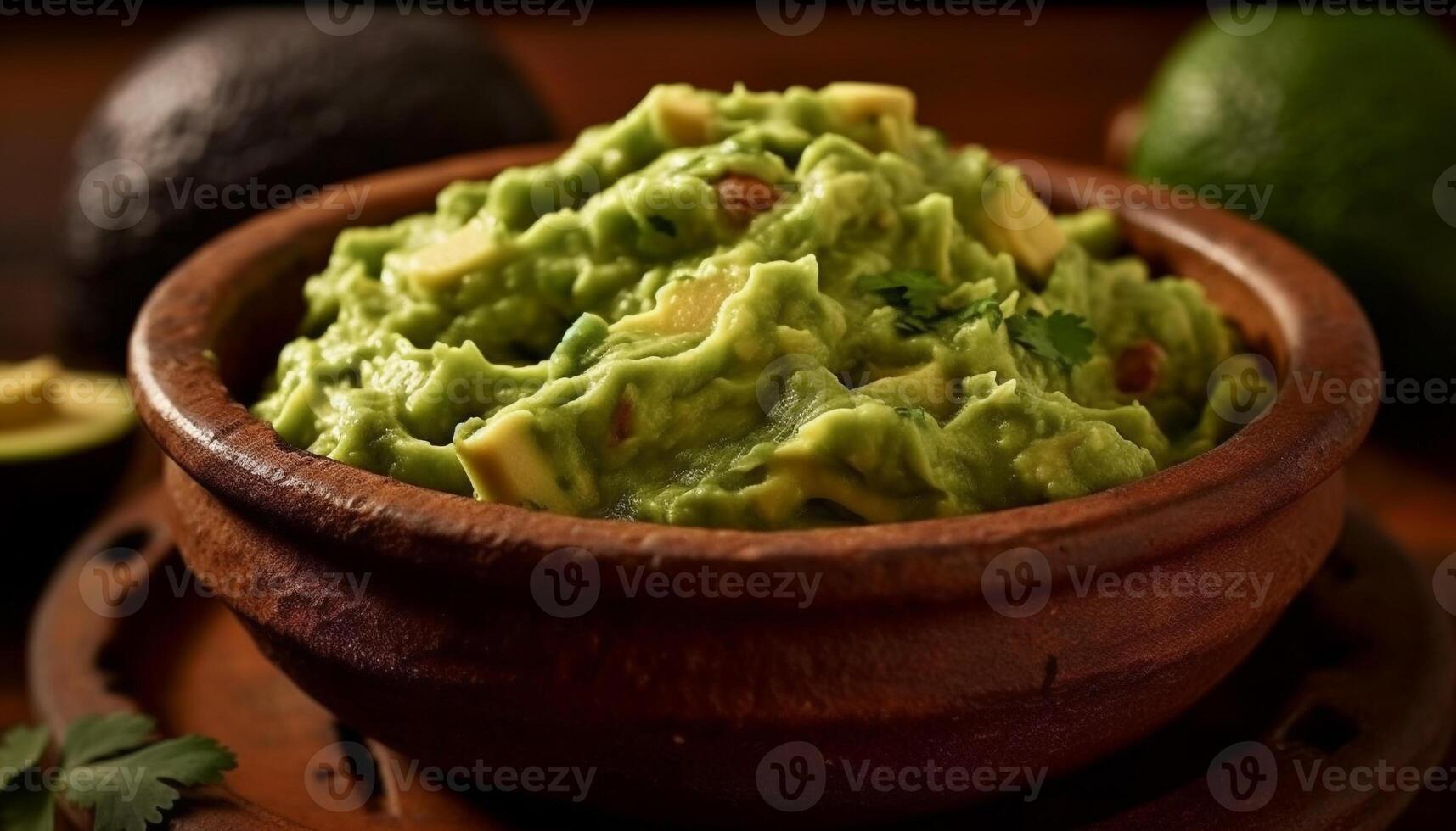 färsk guacamole i trä- skål med Koriander genererad förbi ai foto