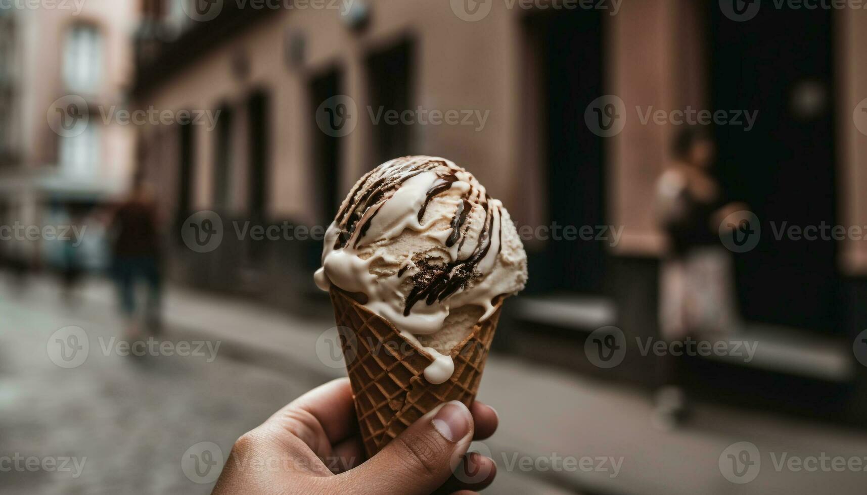 hand innehav choklad is grädde kon, flathet genererad förbi ai foto