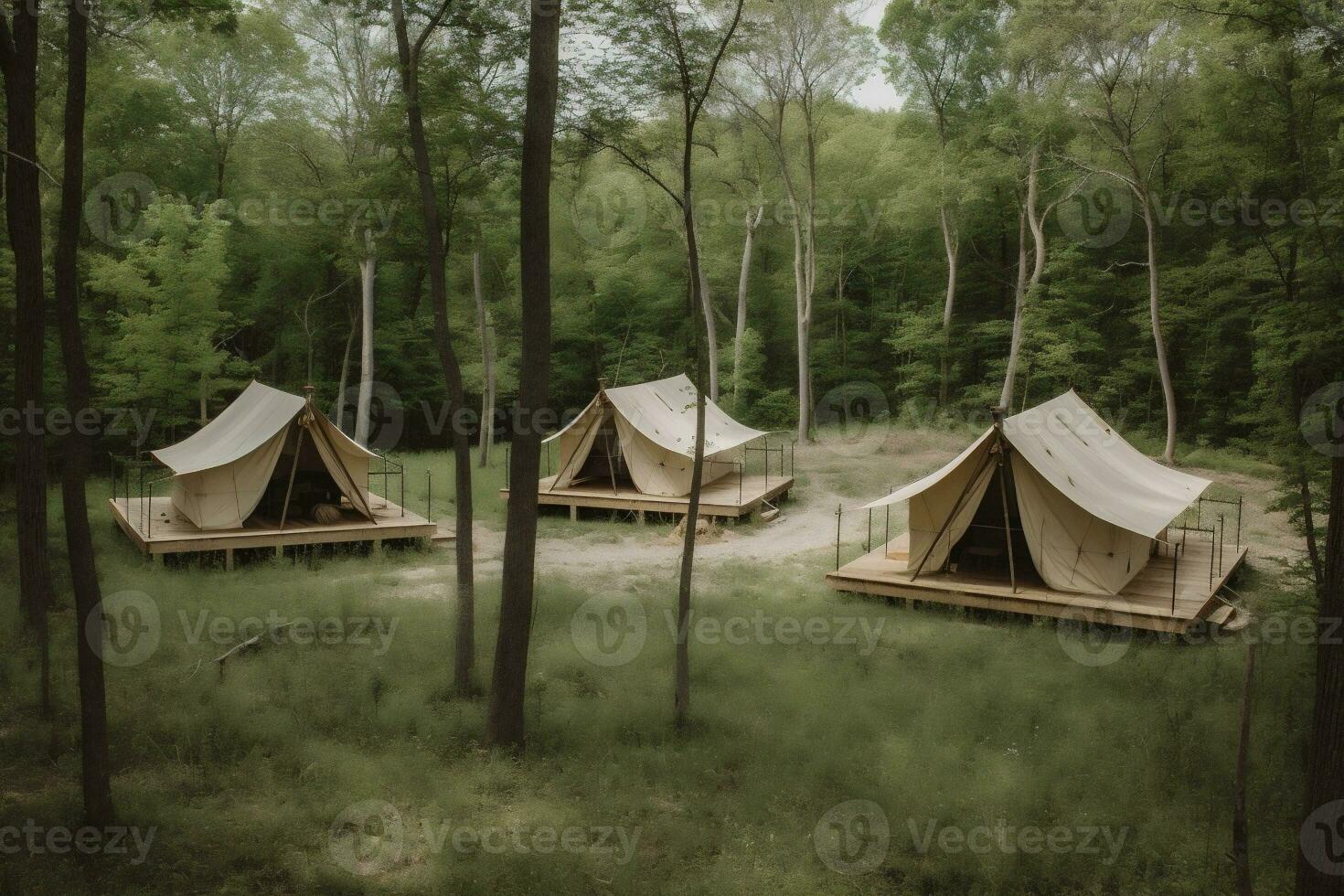 duk resa glamping lyx ljus tält camping skog natur semester. generativ ai. foto