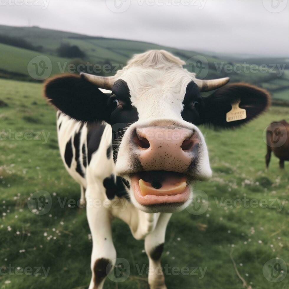 bete leende nötkreatur porträtt ko fält lantlig huvud närbild djur. generativ ai. foto