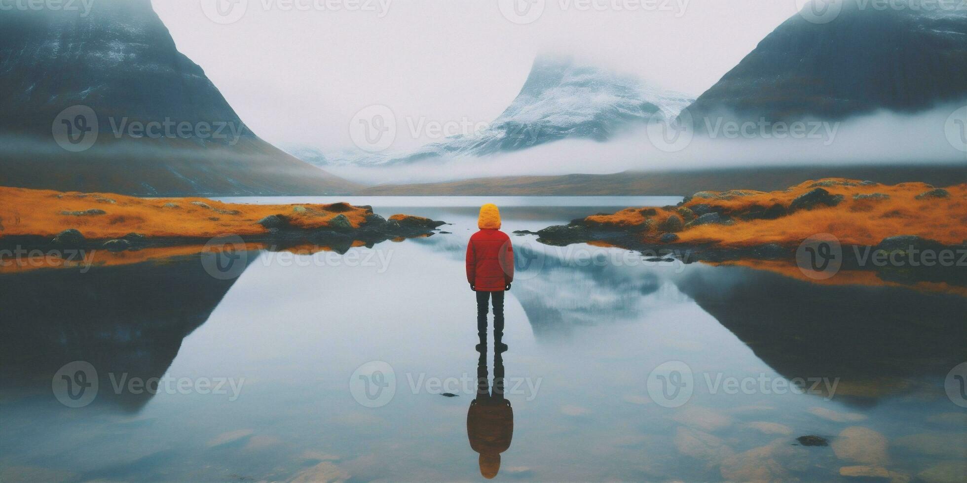 tillbaka man vandring resa cape sjö gul vatten berg livsstil natur. generativ ai. foto