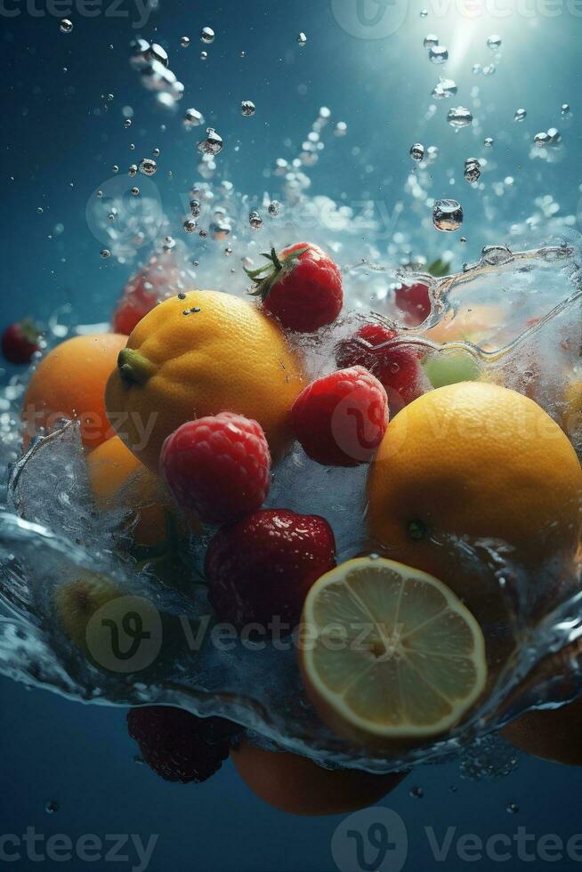 jordgubb friska färsk vitamin släppa frukt mat vatten bakgrund vegetabiliska grön. generativ ai. foto
