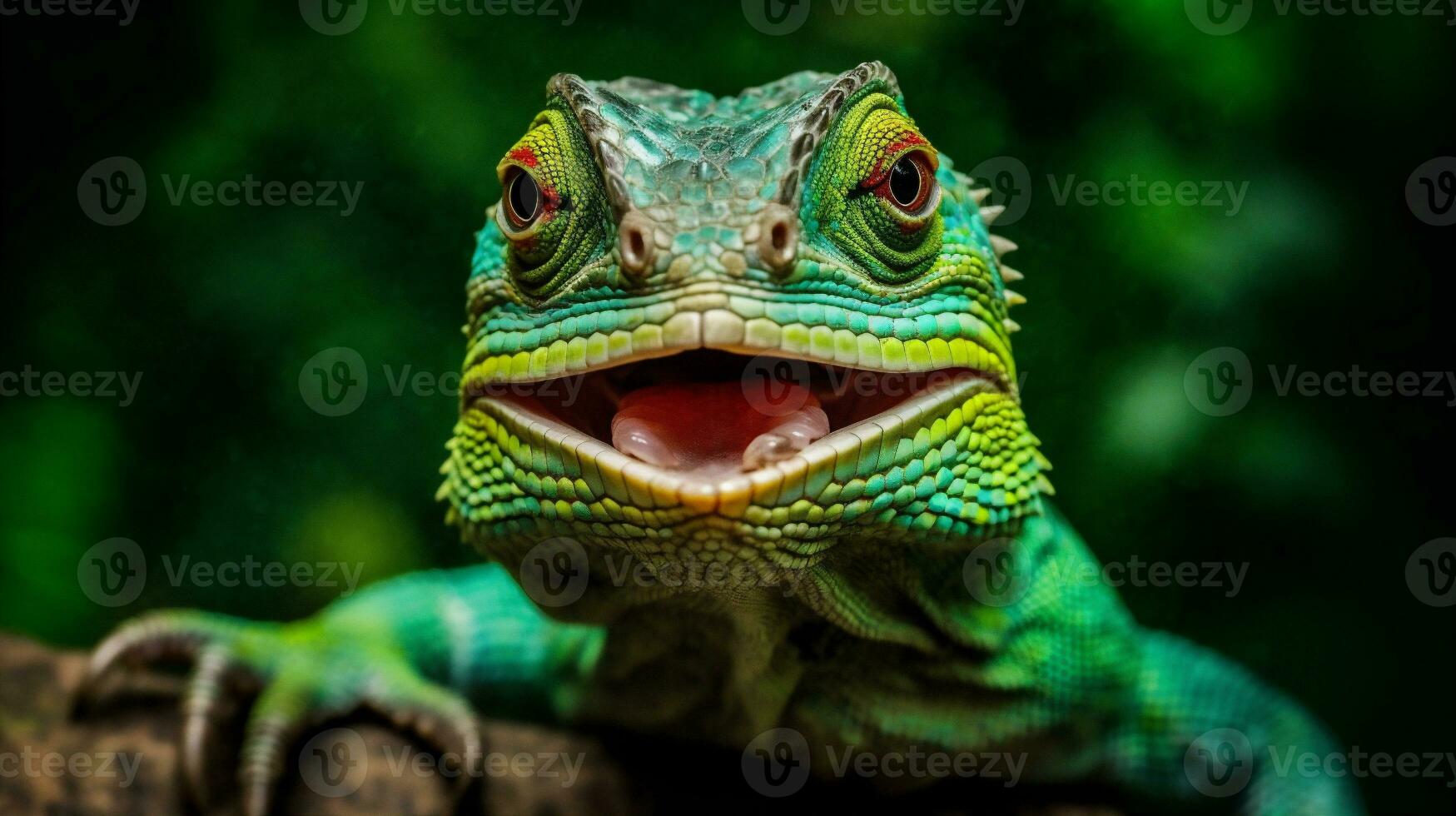 skala vilda djur och växter glasögon reptil porträtt leguan djur- närbild grön ödla. generativ ai. foto