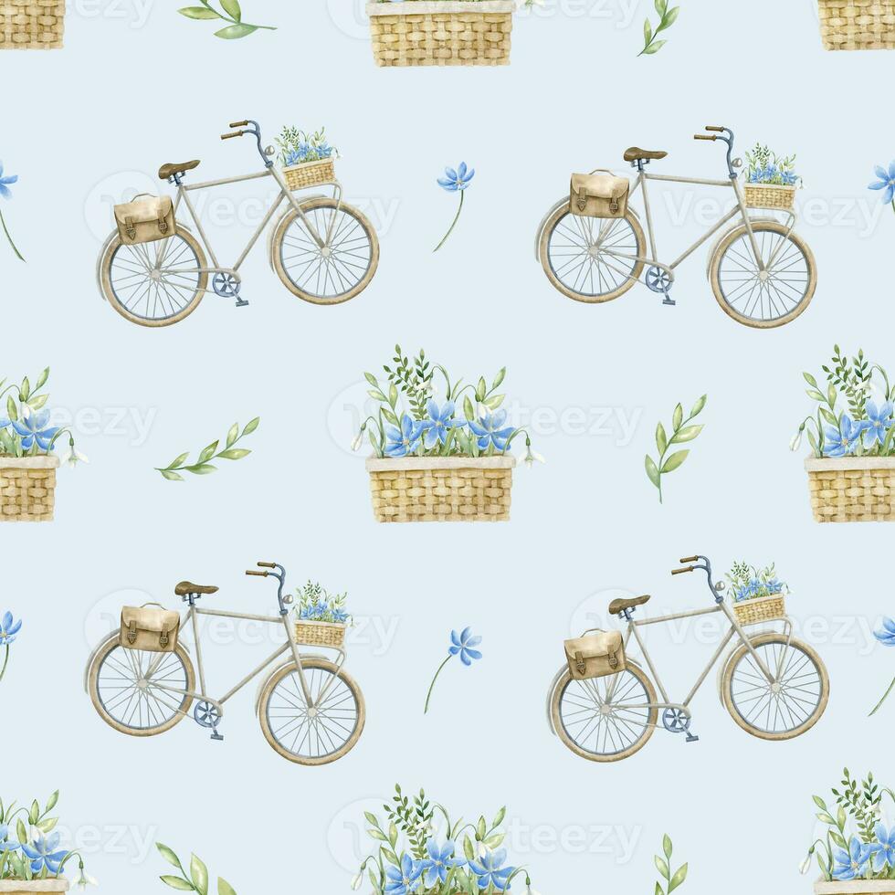 sömlös mönster med gammal retro stad cykel och vattenfärg blommor isolerat på pastell blå bakgrund. hand dragen illustration med urban cykel och grön växter för omslag papper eller textil- design foto