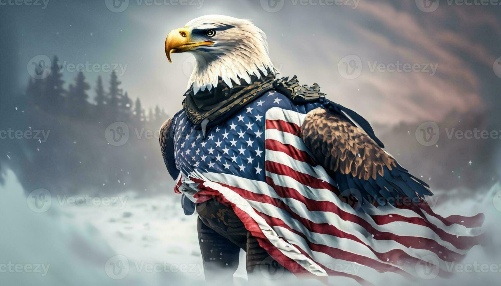 skallig Örn bär amerikan soldat enhetlig med amerikan flagga bakgrund generativ ai foto