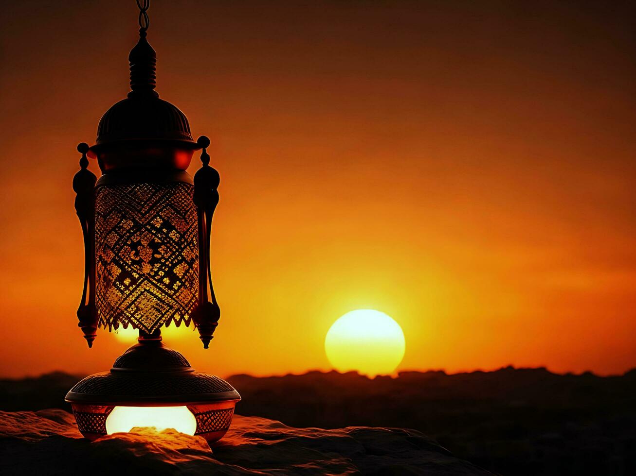 islamic lampa i kväll med Sol ljus bakgrund foto