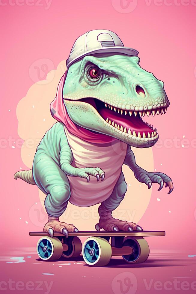 söt grön dinosaurie rider en skateboard, affisch illustration, ai generativ foto