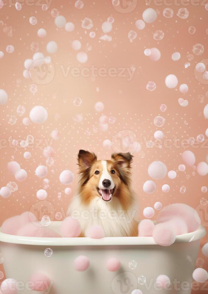 söt shetland sheepdog hund i en små badkar med tvål skum och bubblor, söt pastell färger, generativ ai. foto