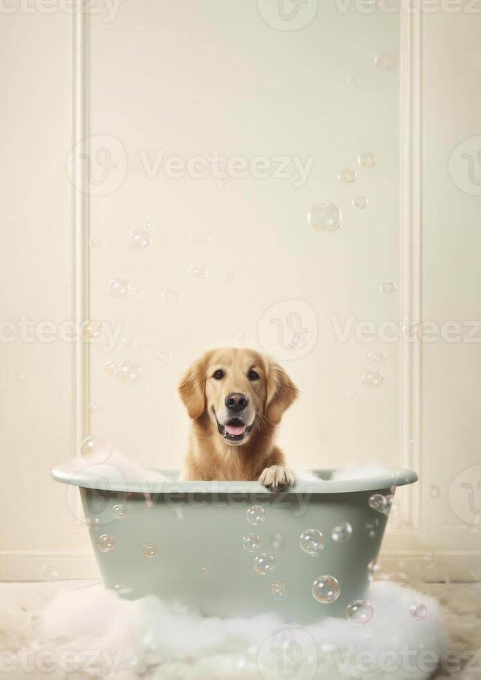 söt gyllene retriever hund i en små badkar med tvål skum och bubblor, söt pastell färger, generativ ai. foto