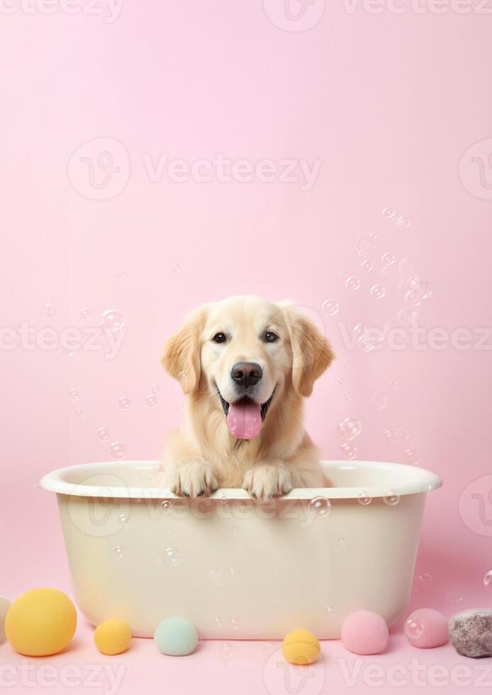 söt gyllene retriever hund i en små badkar med tvål skum och bubblor, söt pastell färger, generativ ai. foto