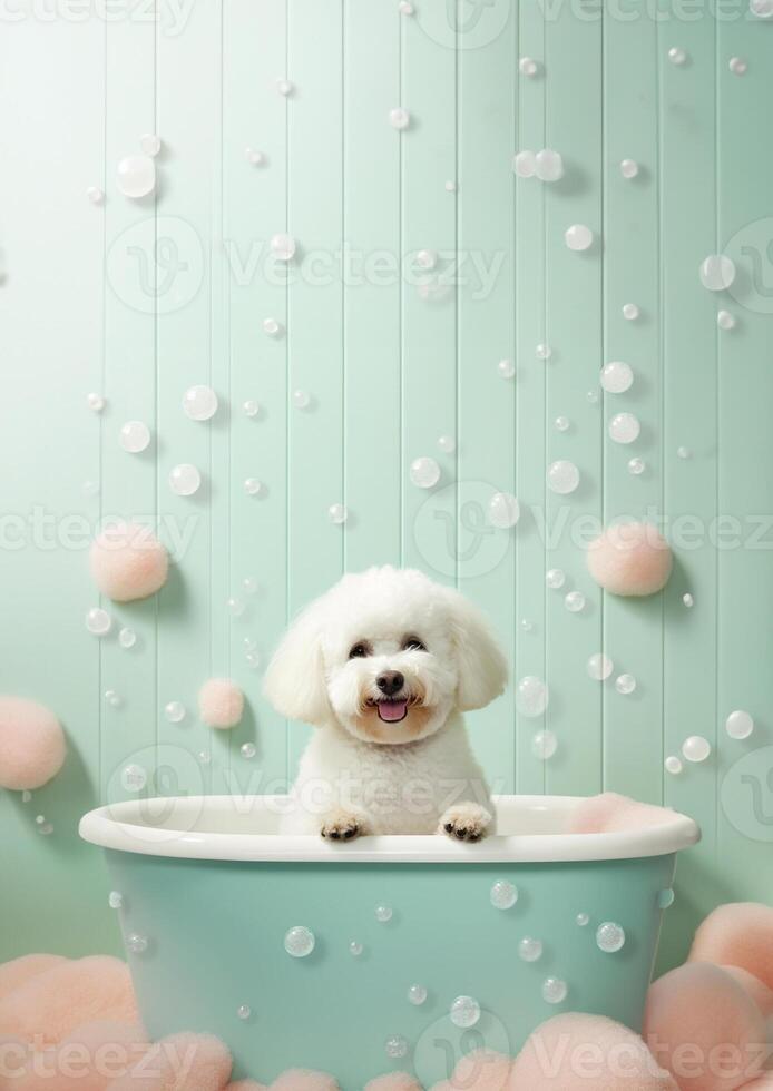 söt bichon frysa hund i en små badkar med tvål skum och bubblor, söt pastell färger, generativ ai. foto