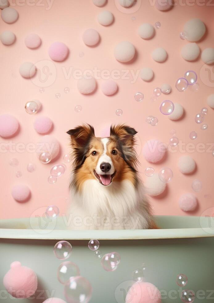 söt shetland sheepdog hund i en små badkar med tvål skum och bubblor, söt pastell färger, generativ ai. foto