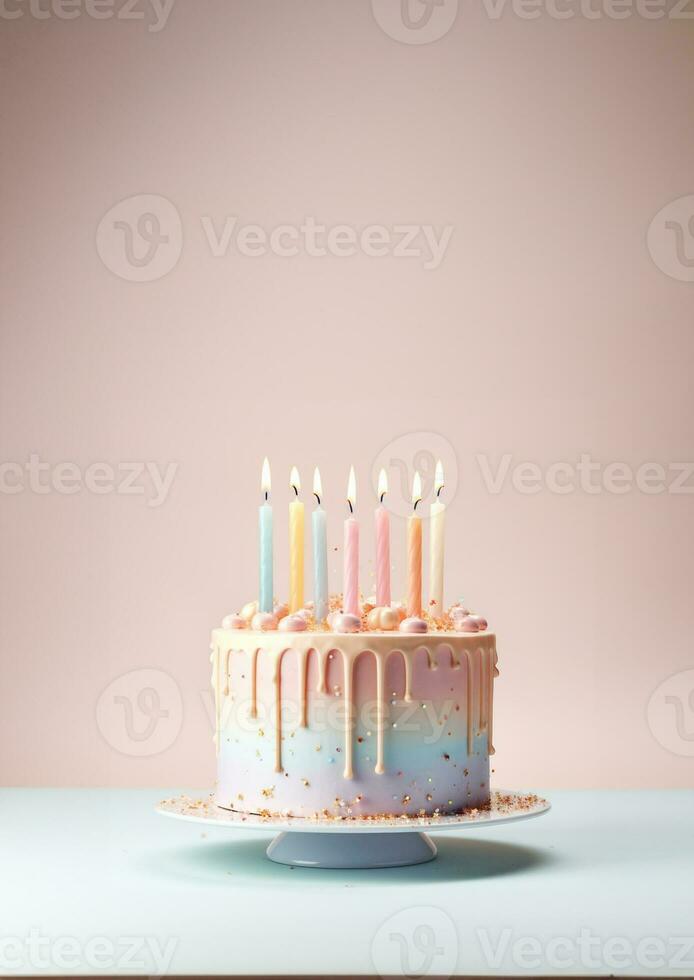 födelsedag färgrik kaka dekorerad med sötsaker, födelsedag kaka med ljus, generativ ai. foto