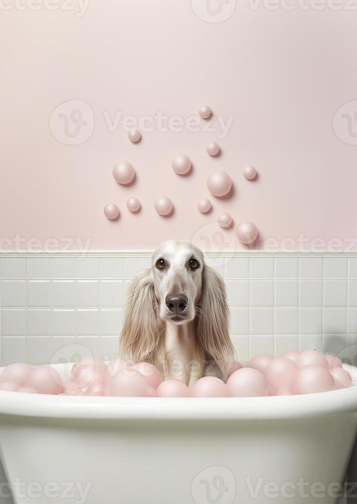 söt afghanska hund hund i en små badkar med tvål skum och bubblor, söt pastell färger, generativ ai. foto