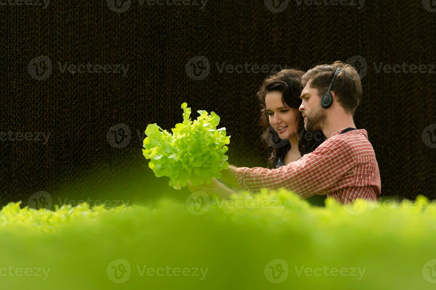 två små affärsmän organisk vegetabiliska trädgård ägare för närvarande införande kunder och som visar dem hans organisk vegetabiliska trädgård via uppkopplad systemet. foto