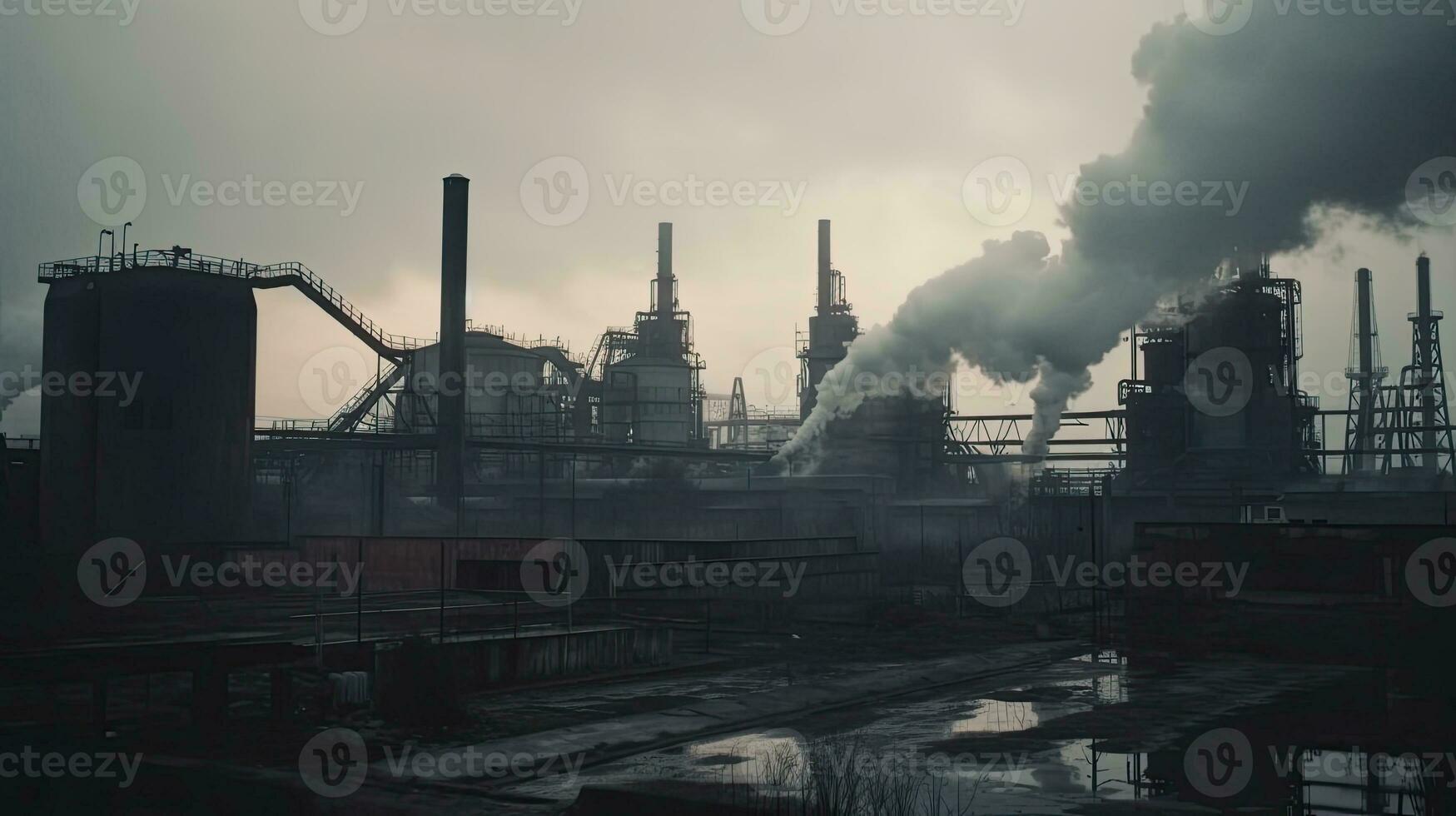 förorenande fabrik bakgrund med massor av svart rök skorstenar, produktion utsläpp, natur förorening tema foto