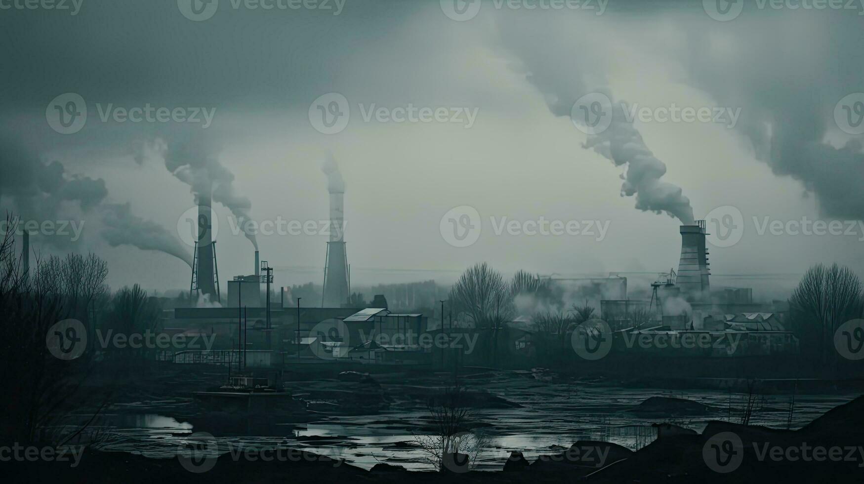förorenande fabrik bakgrund med massor av svart rök skorstenar, produktion utsläpp, natur förorening tema foto