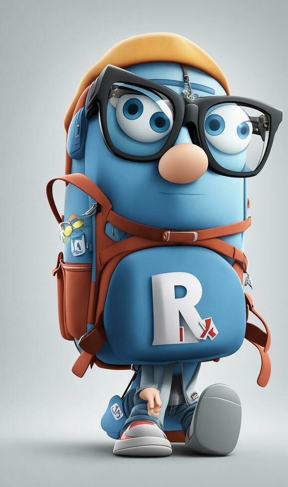 ai generera tecknad serie karaktär med en ryggsäck och glasögon den där säger "pixar" på den foto