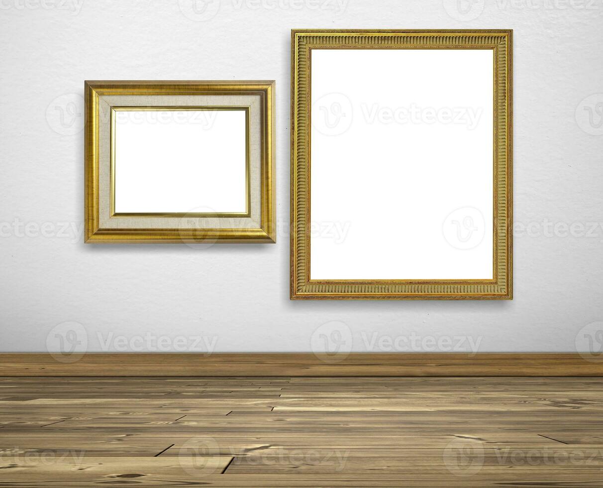 gyllene bild ram på vit väggar och trä- golv foto