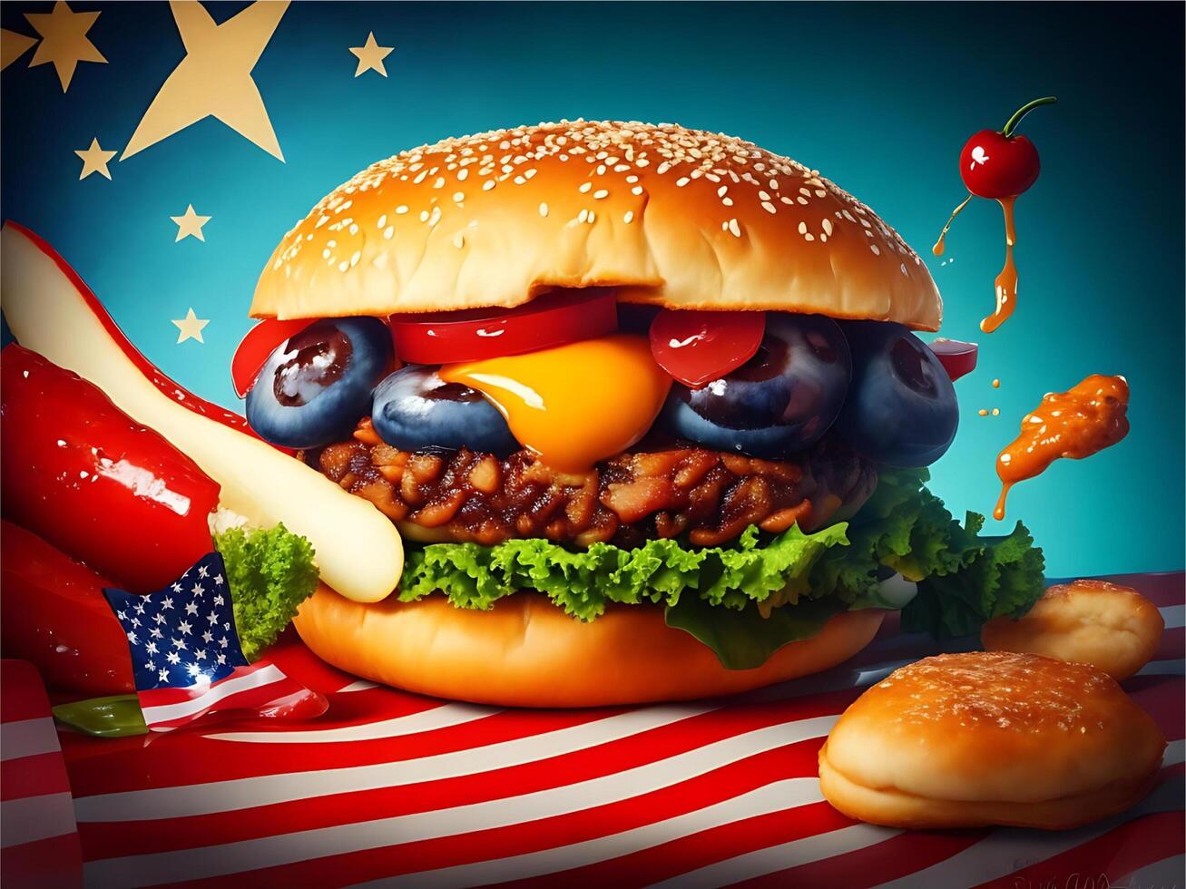 utsökt gott hamburgare. amerikan hamburgare mat. minnesmärke dag hamburgare. gott burger foto