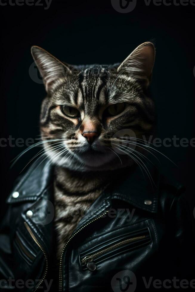 Häftigt katt med läder jacka på svart bakgrund. modern utseende, vara trendig. stil och mode. eleganta sällskapsdjur. katt chef, rolig sällskapsdjur. generativ ai. foto