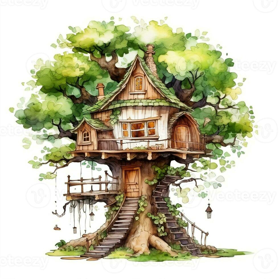 vattenfärg illustration av en träd hus i de form av en hus ai generativ foto