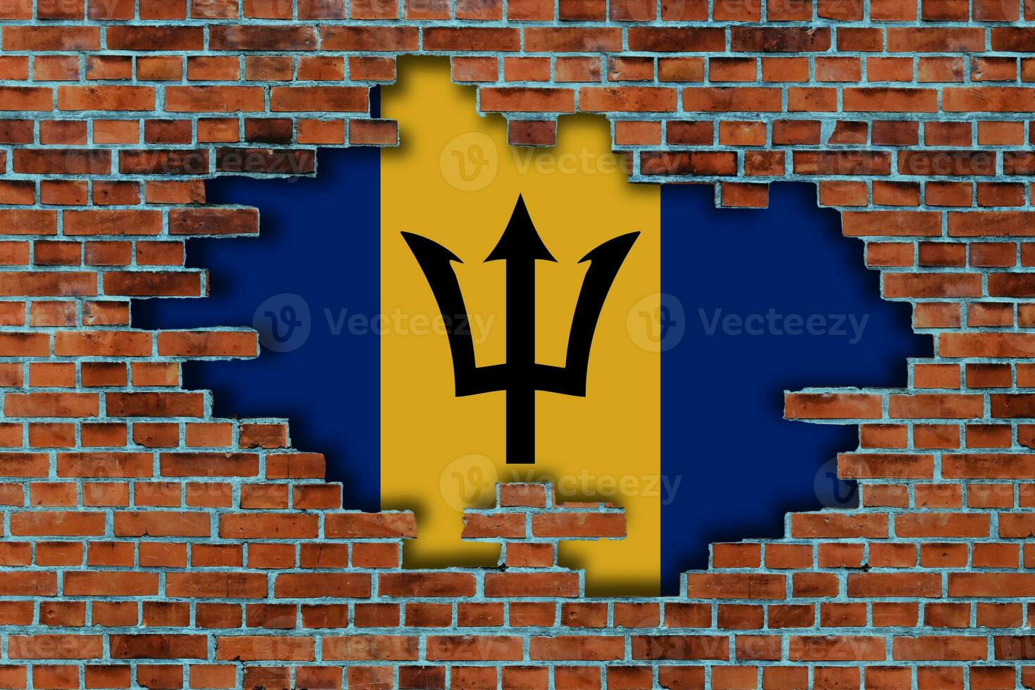 3d flagga av barbados Bakom de bruten gammal sten vägg bakgrund. foto