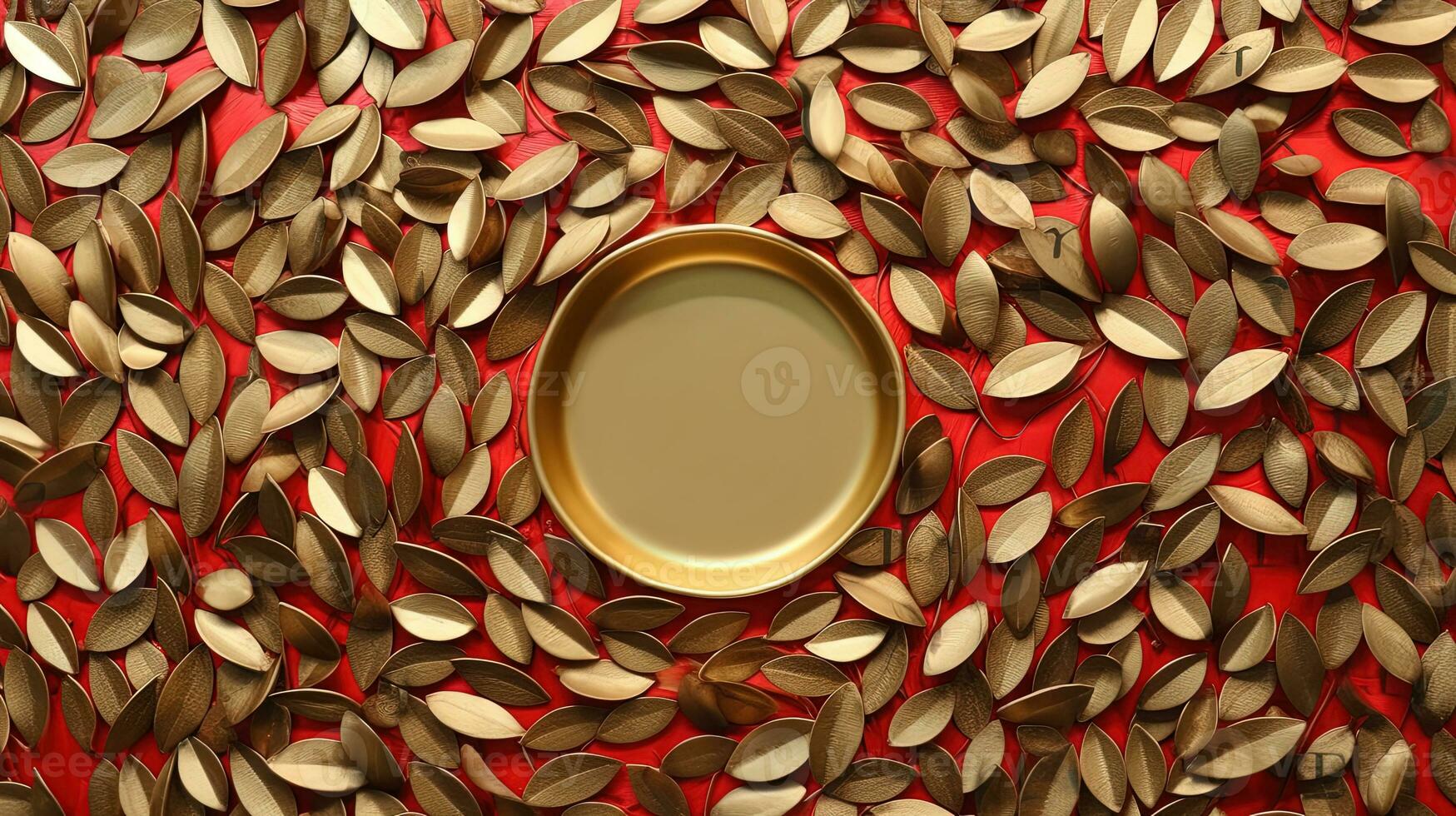 platt lägga gyllene löv med tallrik eller ram på röd bakgrund. generativ ai. foto