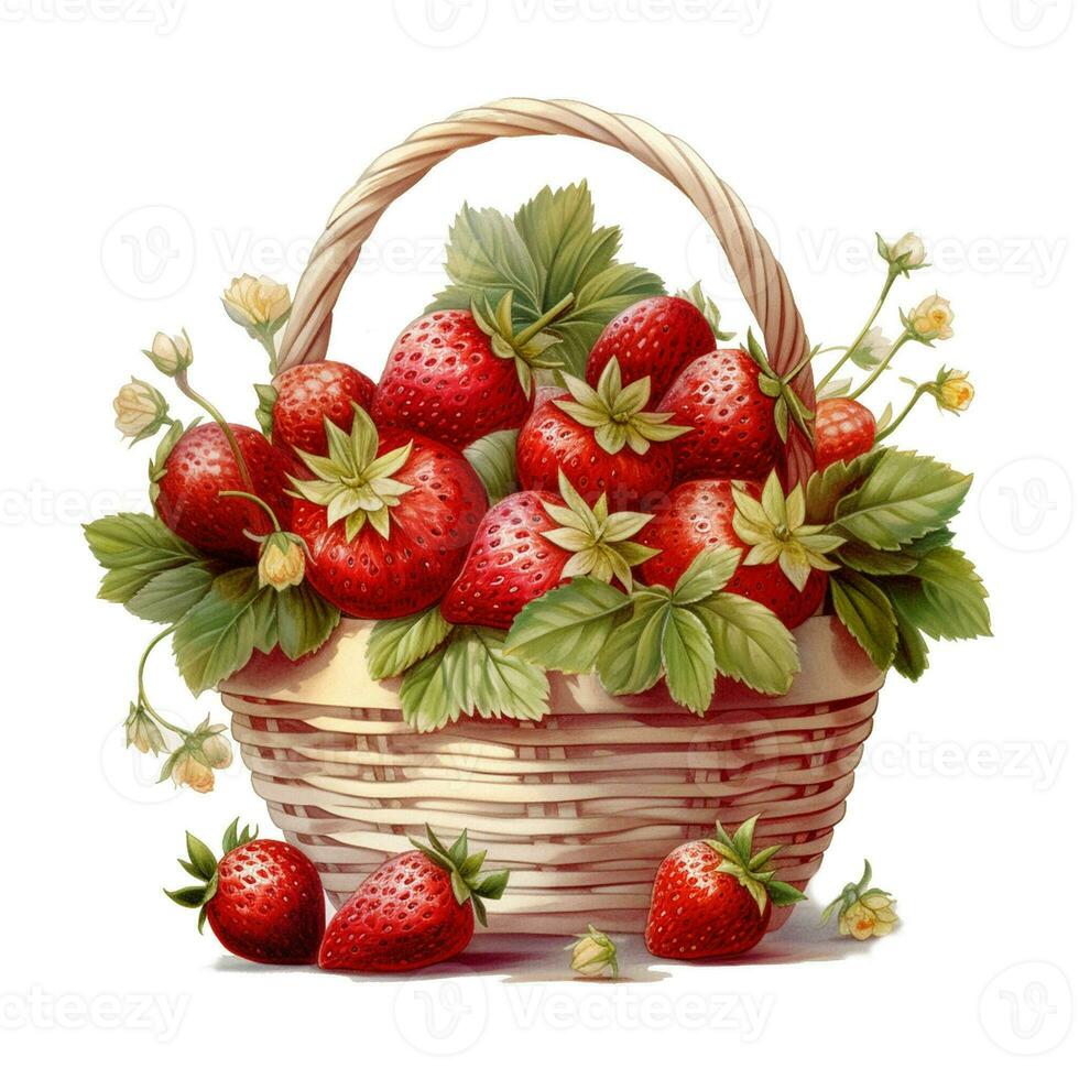 korg av jordgubbar vattenfärg stil foto
