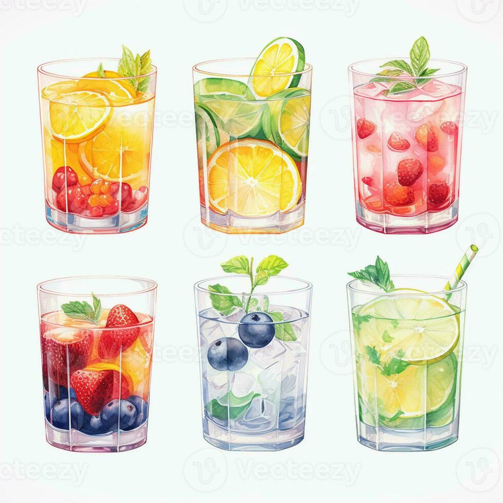 uppsättning av 6 vattenfärg stil frukt kall drycker med is i glas foto