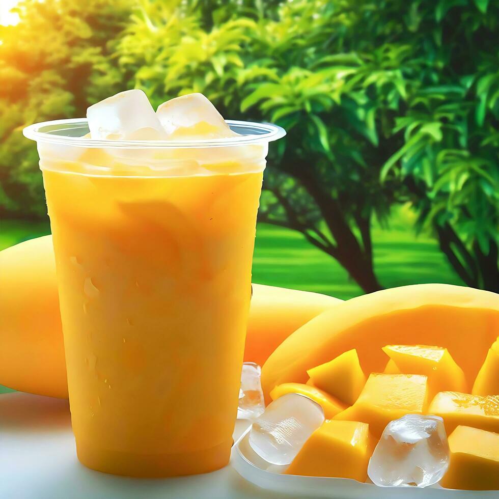 tropisk mango smoothie med is kuber, färska mynta löv och trädgårdsarbete scen genererad förbi ai fri Foto